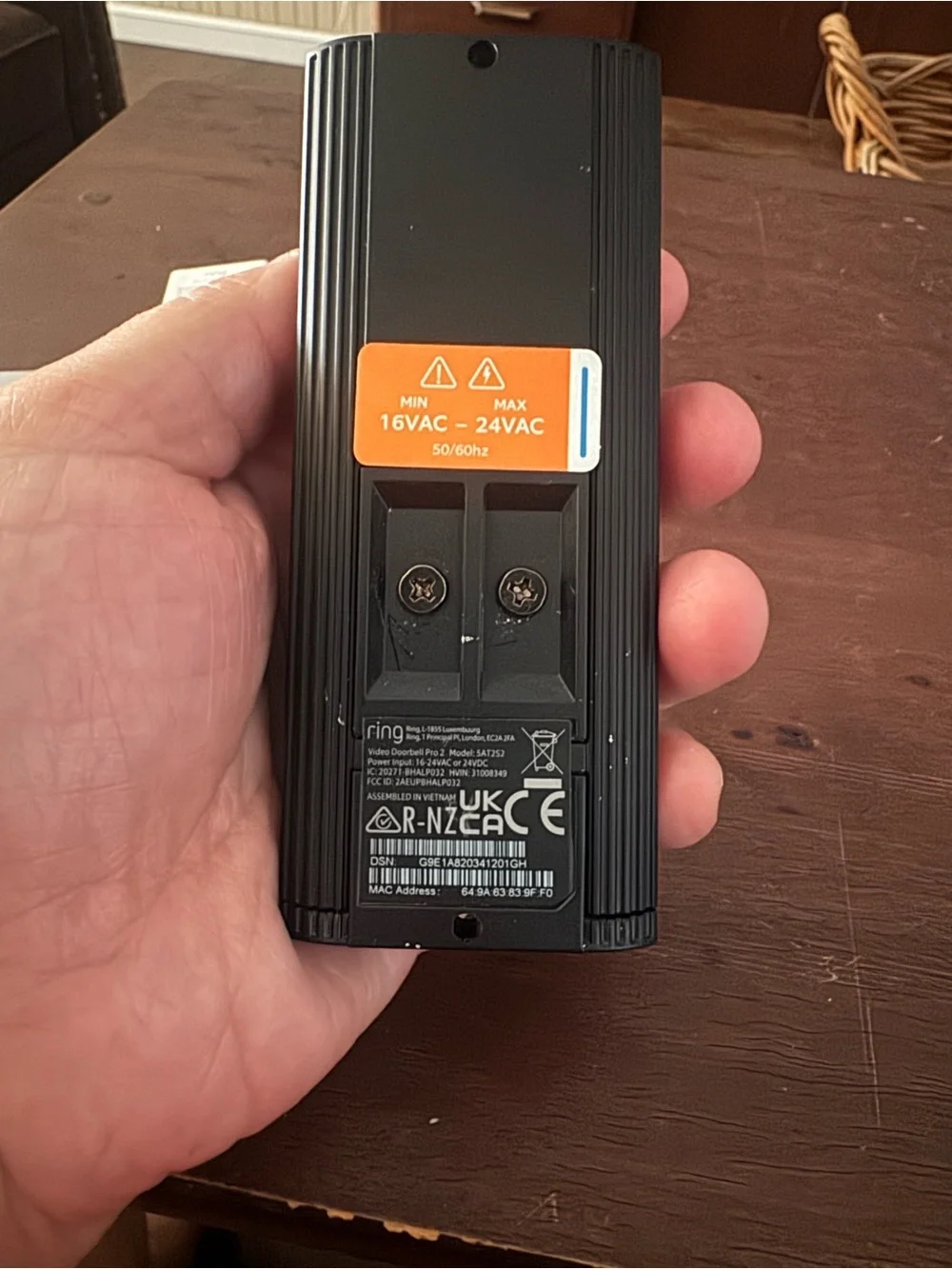 Ring Doorbell Rear Module in Black with Orange Label
